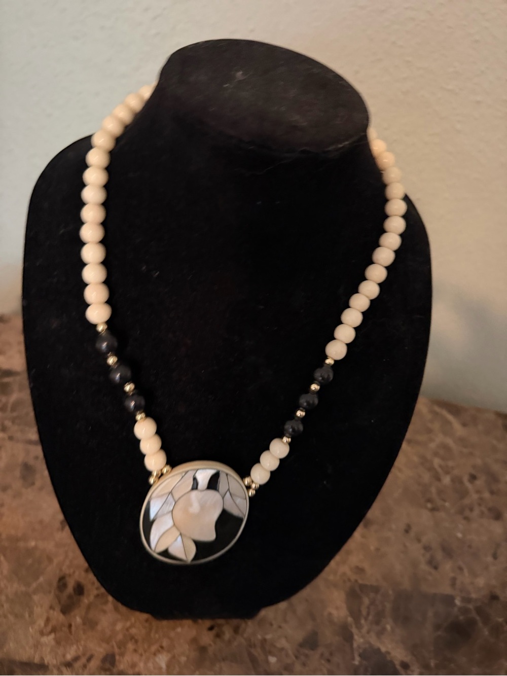 Vintage Cream Beaded Necklace with Black and Cream Floral Pendant